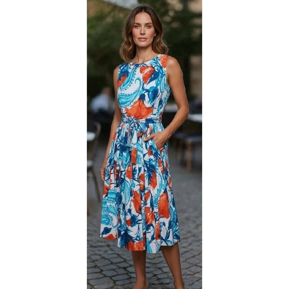 Talbots Fit & Flare Dress 4 Teal Coral Floral Pleated Belted Resort Garden Party